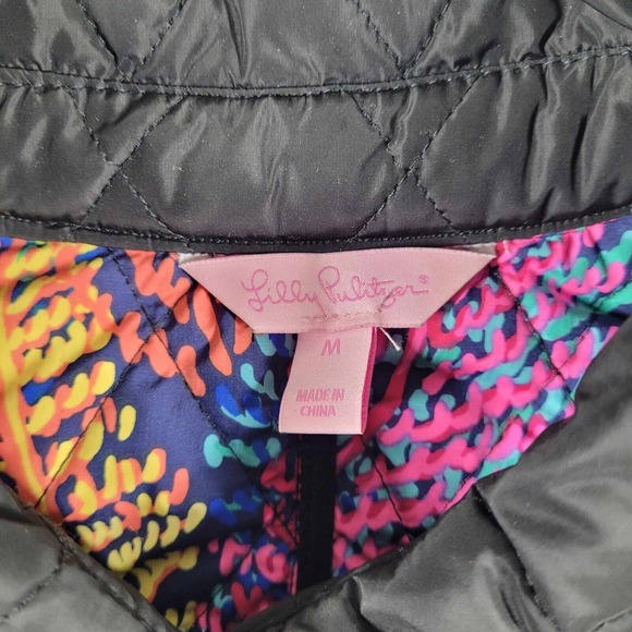 Lilly Pulitzer Quilted Jacket Women's Medium Black‎ Colorful Inside Design - Picture 8 of 10